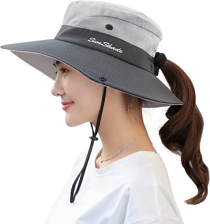 Muryobao Women's Ponytail Sun Hat UV Protection Foldable Mesh Wide Brim Beach Fishing Hat