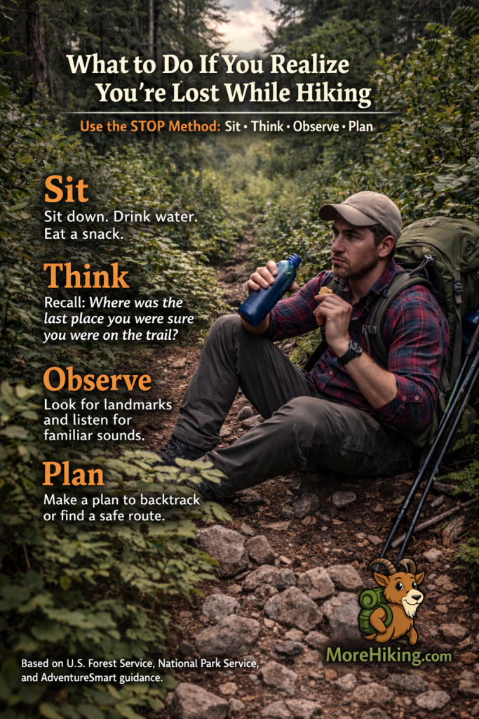 Wrong Turn Spiral, What to do if you realize you're lost while hiking. The STOP Method: Sit, Think, Observe, Plan. 