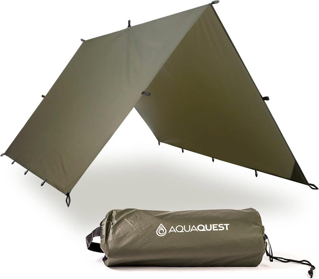 Aqua Quest Guide Tarp / Groundsheet, shows the tarp as a tent structure with a bag to hold it. 