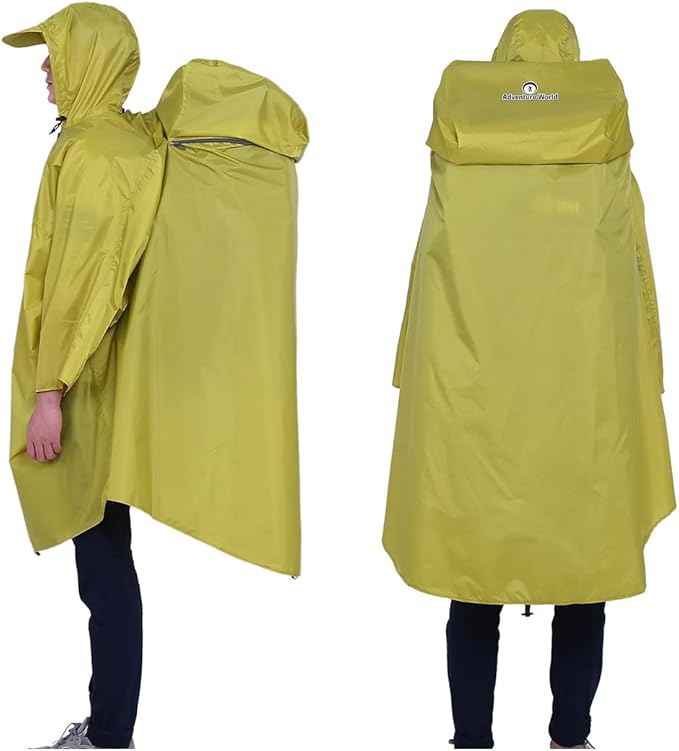 Adventure World Globotrekker Backpack Poncho, shows a hiker wearing the poncho side view and back view and how the backpack is intergrated in the poncho