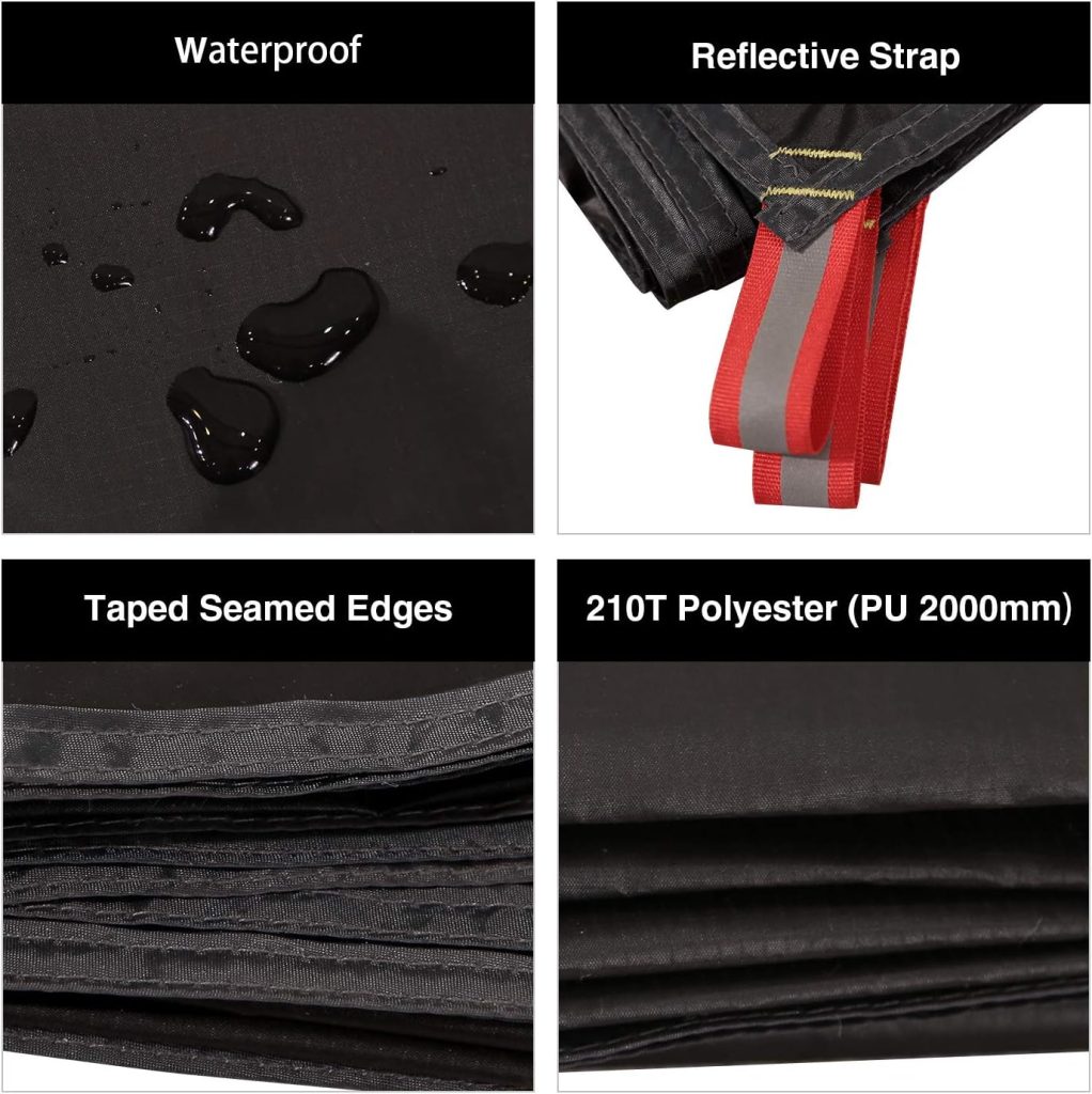 REDCAMP Ultralight Tent Groundsheets: shows that it is waterproof, has reflective straps, taped seamed edges and 210T Polyester (Pu 20000mm)