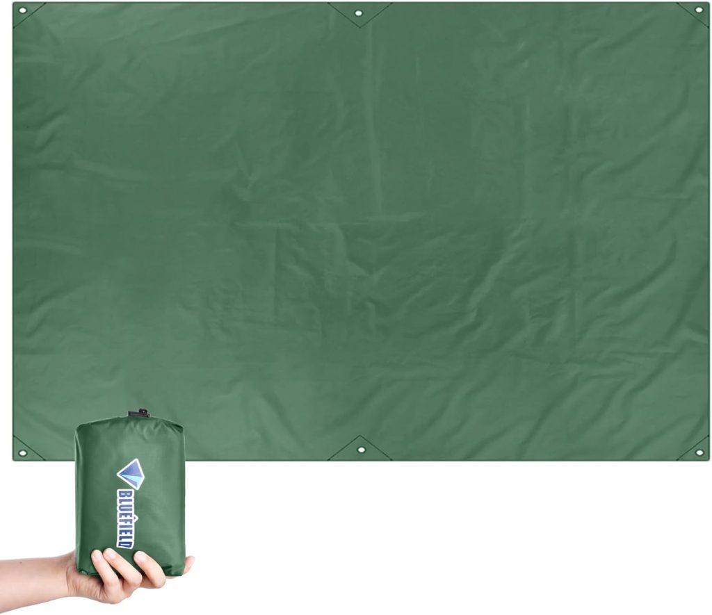 TRIWONDER Tent Footprint, shows it stretched out flat and in the corner it shows someone holding it up in the palm of their had in a small draw string bag. 