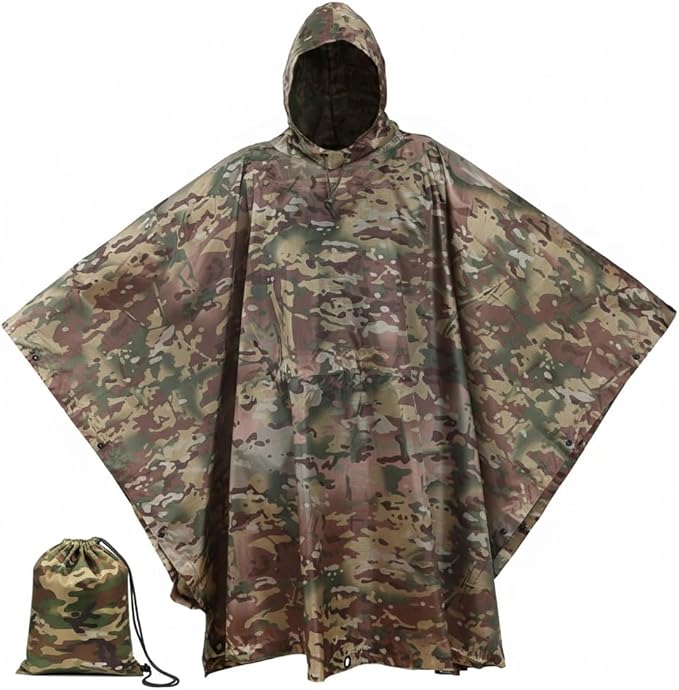 USGI Industries Military Style Multi-Use Ripstop Poncho, shows the style of the poncho and the carrying bag. 