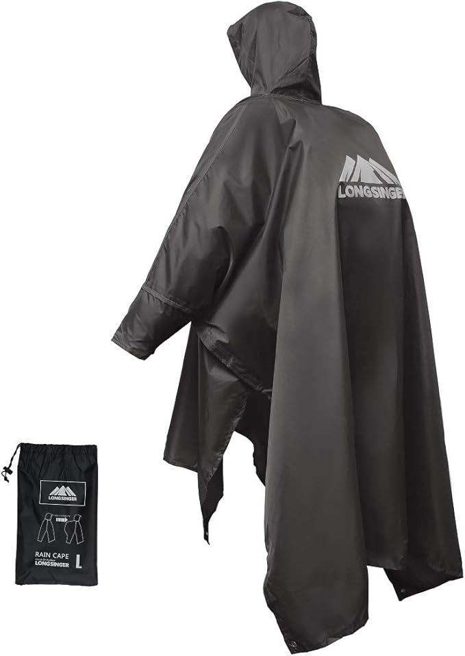 longsinger Rain Poncho with Hood and Sleeves shows the style of the poncho and the sleeving and how it covers the backpack. in the right cornder it shows the carring bag.