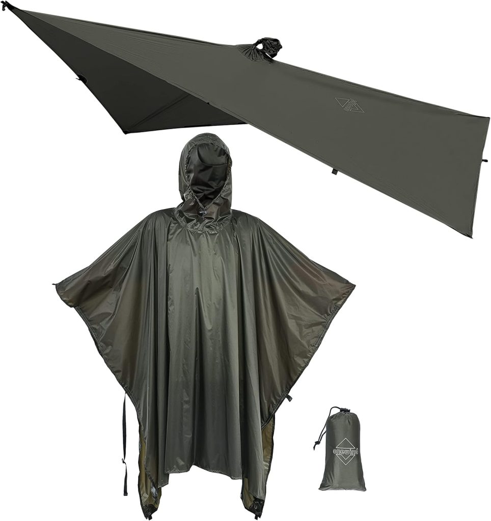 onewind Hooded Silnylon Rain Poncho, shows the style of the poncho, with tarp option and the caring bag. 
