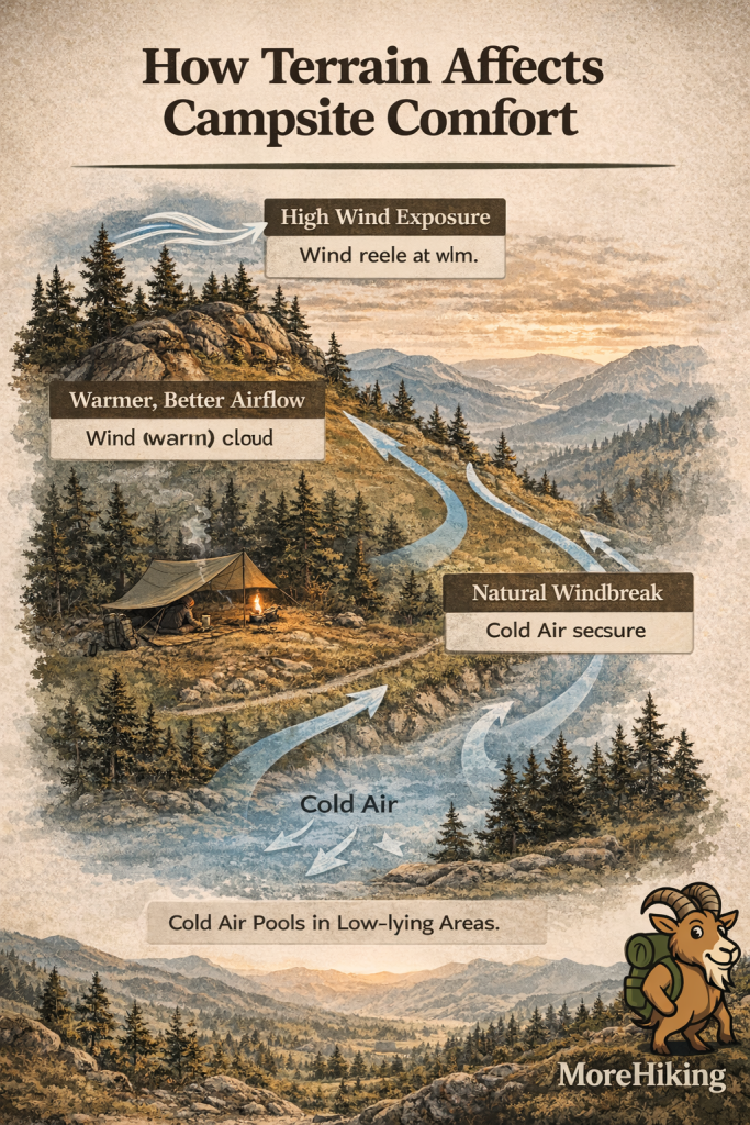 Diagram showing how terrain affects campsite comfort, including wind exposure on ridges, cold air pooling in valleys, and optimal campsite placement on slopes.