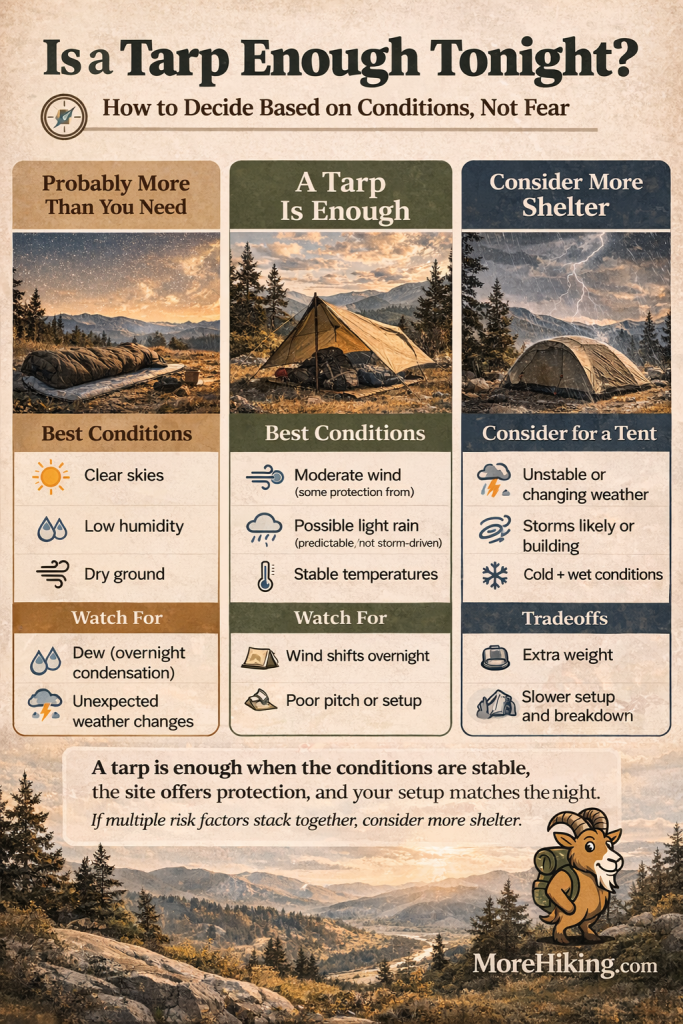 Infographic comparing cowboy camping, tarp shelter, and tents, showing when a tarp is enough based on stable weather, wind, terrain, and risk factors like storms or exposure.