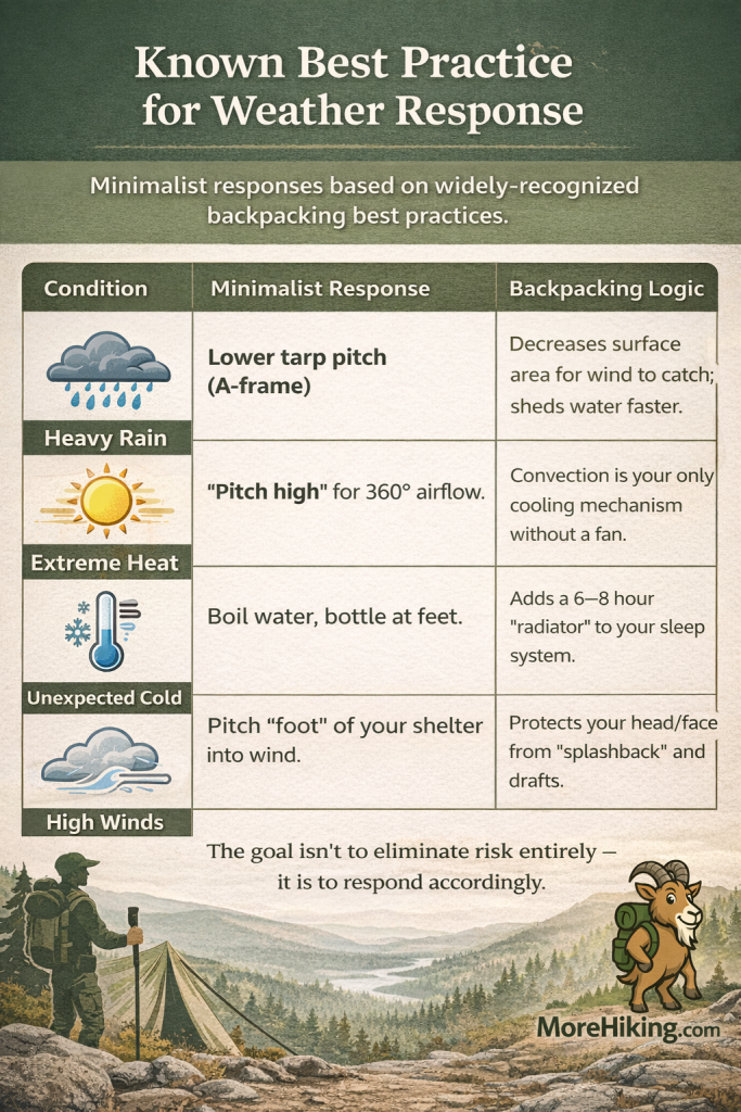 Infographic showing how minimalist hikers adjust shelter for rain, wind, heat, and cold using simple setup changes.