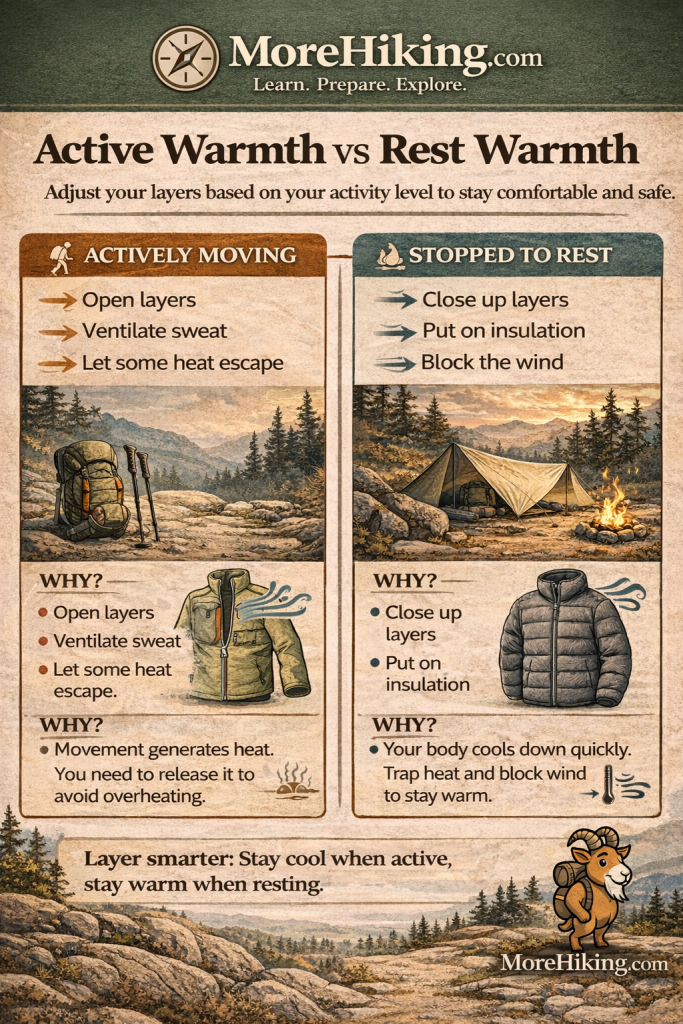 Hiking infographic explaining active warmth vs rest warmth using the 3-layer system, showing when to vent layers during movement and when to add insulation and wind protection while resting to stay warm and dry on the trail.