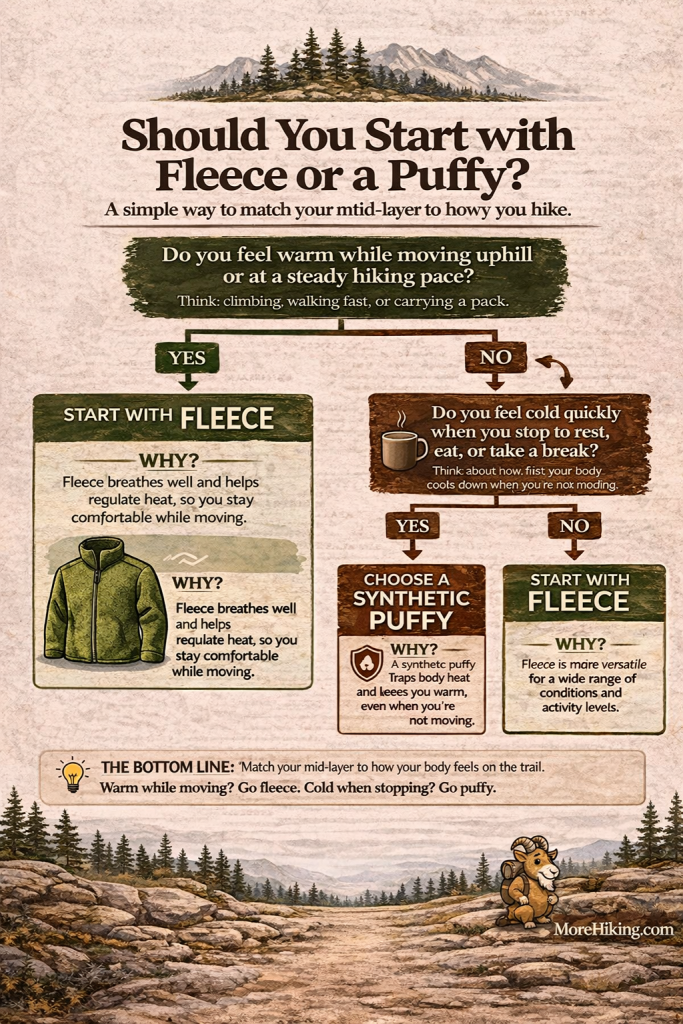 MoreHiking infographic showing a fleece vs. synthetic puffy mid-layer decision tree for hikers, based on warmth during movement, cooling during breaks, and overall trail comfort.