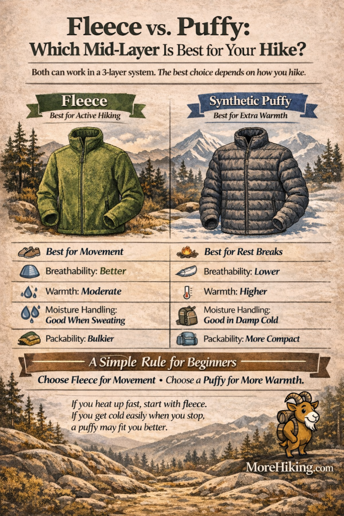 Infographic comparing fleece and synthetic puffy mid-layers for hiking, showing fleece is better for movement and breathability, while a synthetic puffy offers more warmth and better packability for rest breaks.