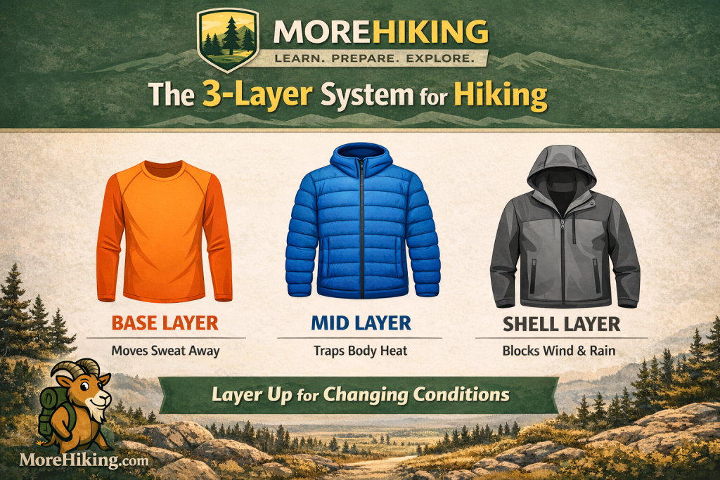 Hiking infographic explaining the 3-layer system with base layer for moisture management, mid-layer for insulation, and shell layer for wind and rain protection to stay warm on the trail.