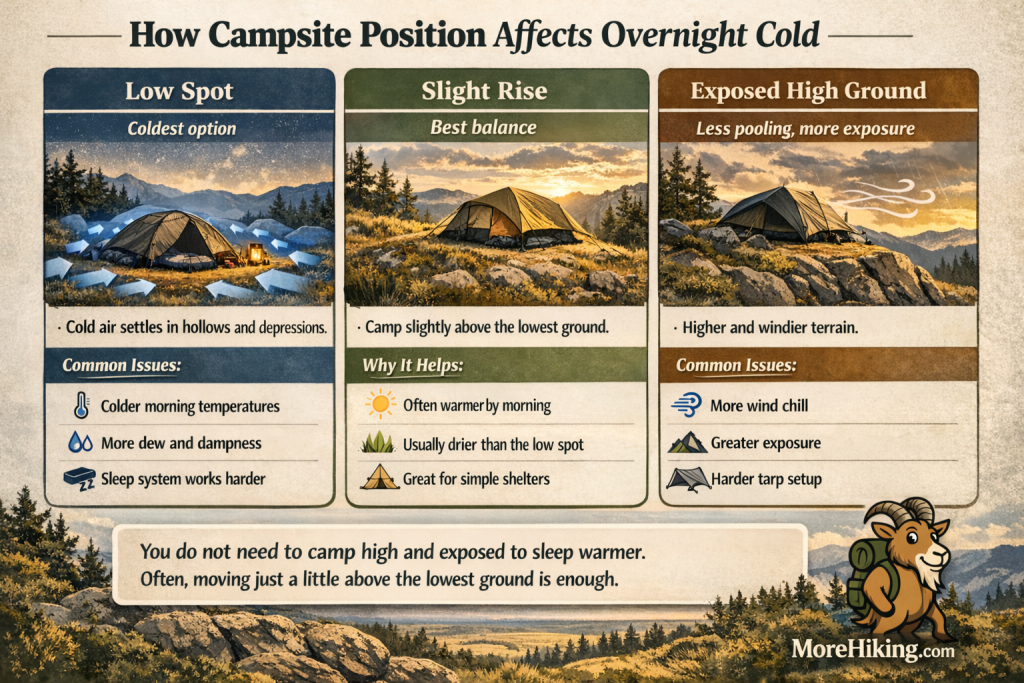Infographic comparing three campsite positions for overnight warmth: a low spot where cold air settles and causes colder, damper conditions, a slight rise that offers the best balance of warmth and protection, and exposed high ground that avoids pooled cold air but increases wind chill and exposure.