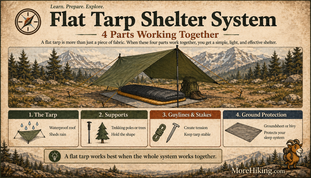 Infographic showing a flat tarp shelter system for beginners, with four main parts: the tarp, supports, guylines and stakes, and ground protection, illustrated in a rustic MoreHiking field-guide style.