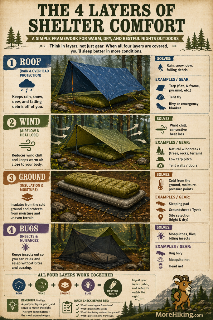Infographic showing the four layers of shelter comfort for hiking: roof for rain protection, wind blocking, ground insulation, and bug protection, with examples of tarp setups and camping gear.