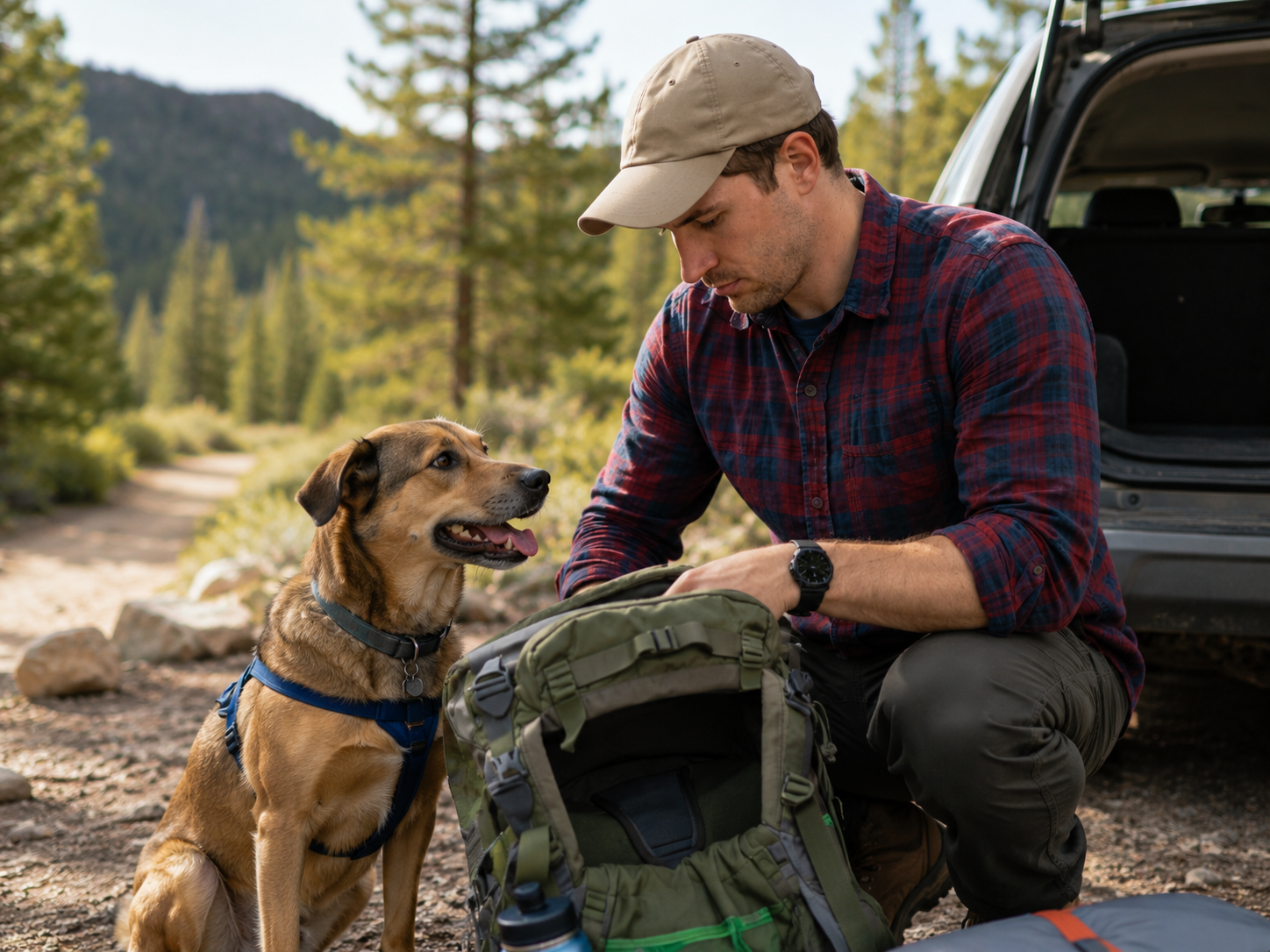 Hiking prep with man and dog