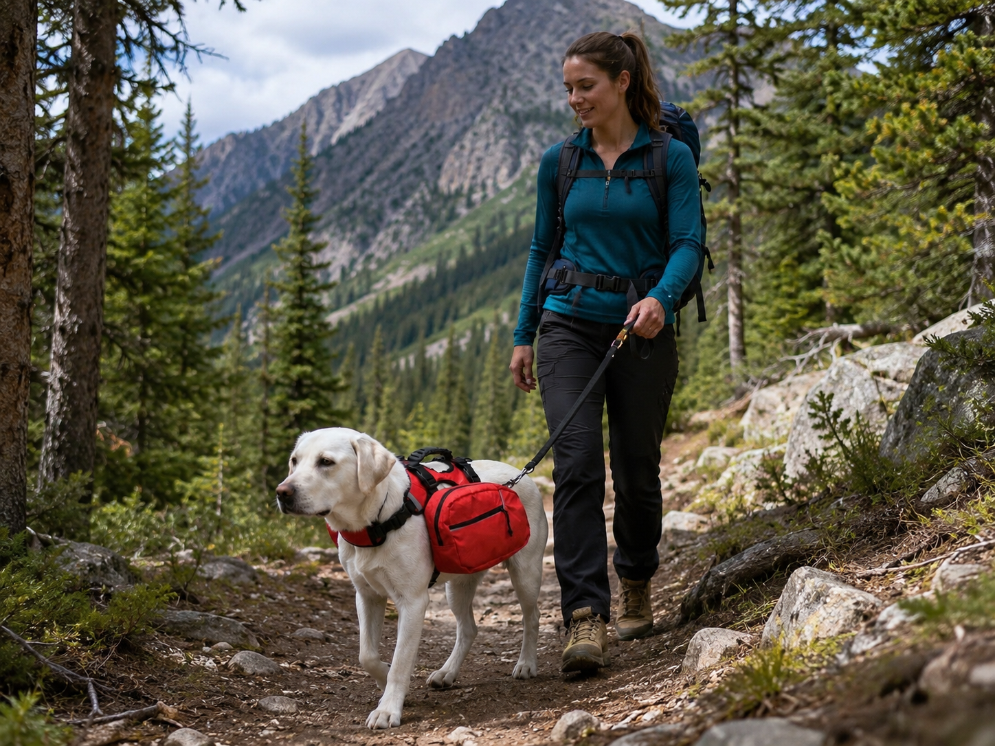 A Dog Hiking the rocky mountain trail with his hiker companion.