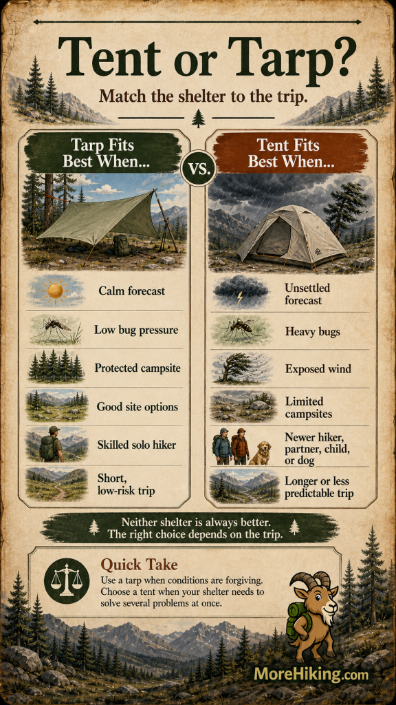 Infographic comparing when a tarp or tent is the better shelter for minimalist backpacking, based on weather, bugs, campsite protection, wind, trip length, and hiking experience.