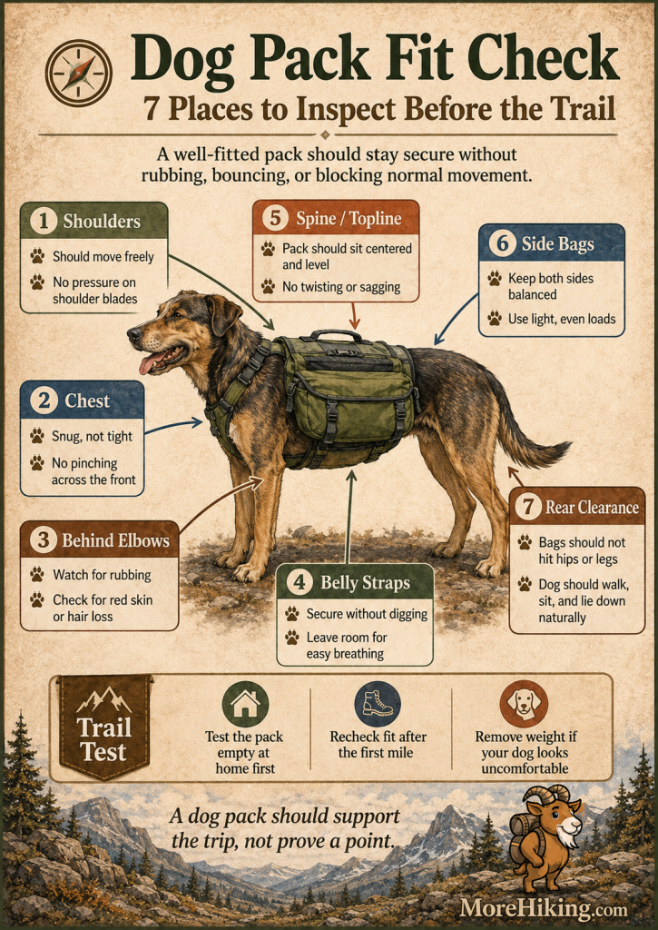 Dog pack fit check infographic showing seven places to inspect before hiking, including shoulders, chest, belly straps, side bags, spine, elbows, and rear clearance.