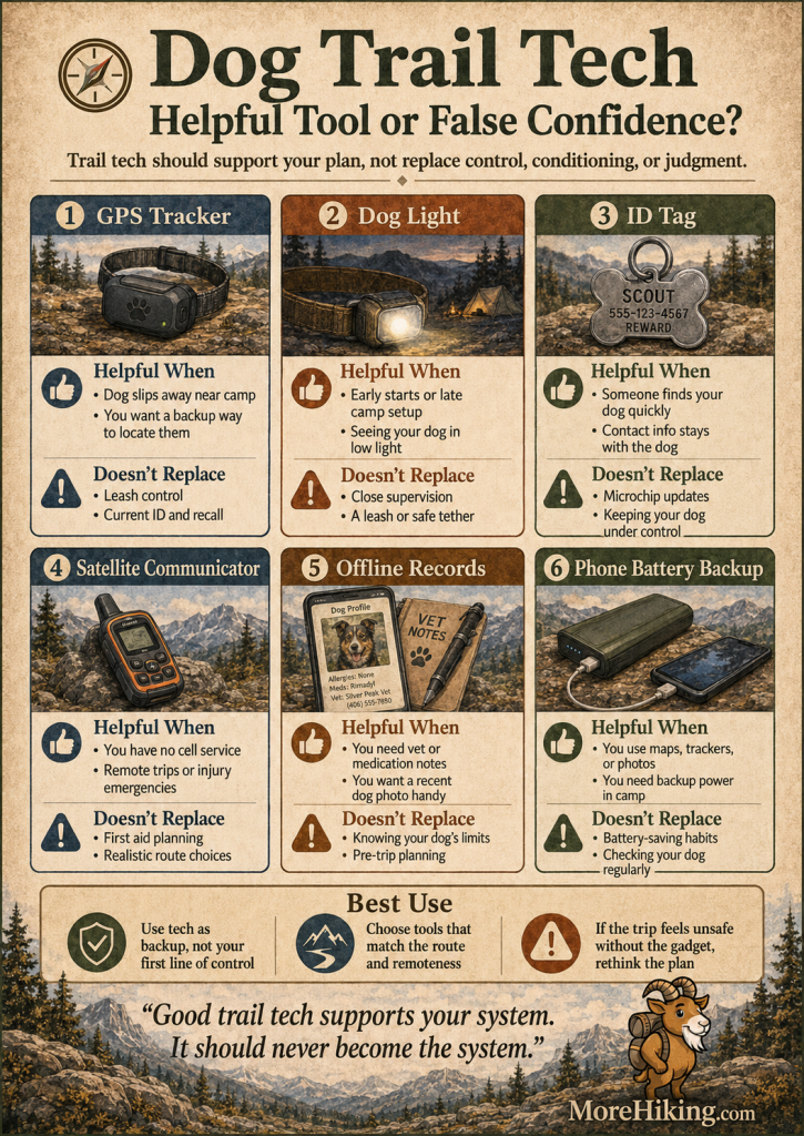 Dog trail tech infographic comparing GPS tracker, dog light, ID tag, satellite communicator, offline records, and phone battery backup, with notes on when each tool helps and what it does not replace while hiking with dogs.