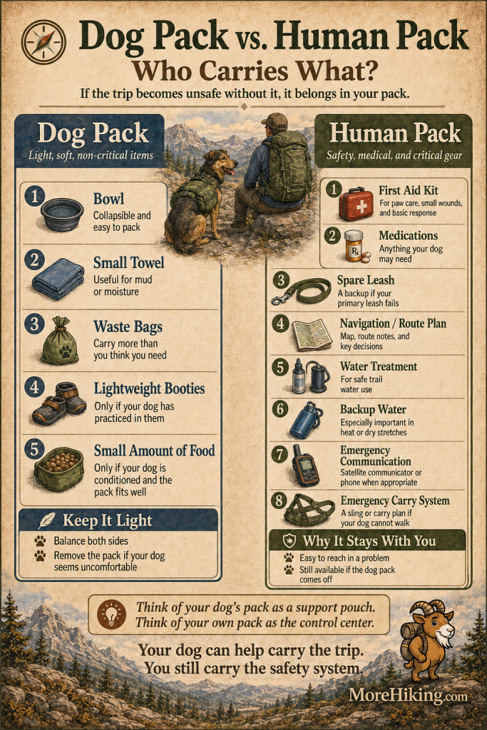 Dog pack vs. human pack infographic showing what a dog should carry for backpacking, such as a bowl, towel, waste bags, booties, and food, versus what the hiker should carry, including first aid, medications, navigation, water treatment, backup water, emergency communication, and a carry system.