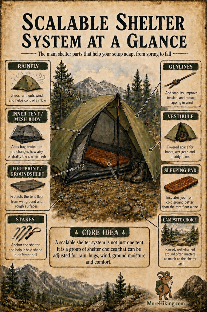 Scalable shelter system infographic showing how rainfly, mesh body, groundsheet, stakes, guylines, vestibule, sleeping pad, and campsite choice help a hiking shelter adapt to changing spring, summer, and fall conditions.