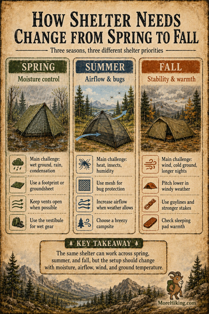 Infographic titled “How Shelter Needs Change From Spring to Fall,” comparing spring moisture control, summer airflow and bugs, and fall stability and warmth for a scalable hiking shelter system.