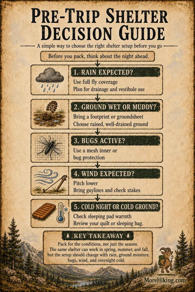Pre-trip shelter decision guide infographic showing five questions to help hikers choose the right shelter setup before a trip: rain expected, ground wet or muddy, bugs active, wind expected, and cold night or cold ground.