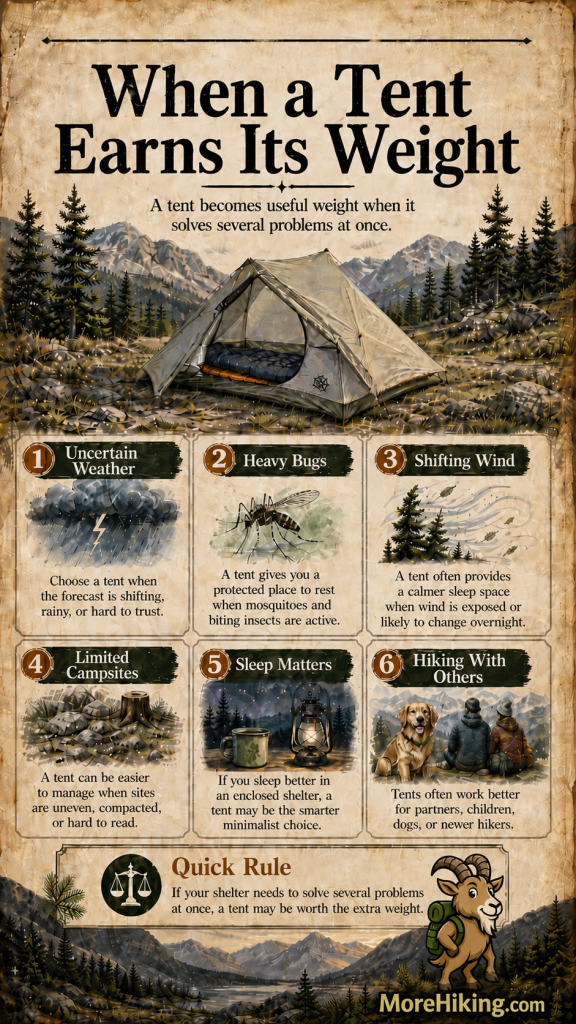 Infographic comparing when a tarp or tent is the better shelter for minimalist backpacking, based on weather, bug pressure, campsite protection, trip length, and hiking experience.