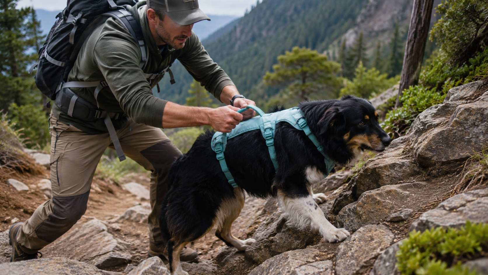 Image of a hiker assisting a dog on rugged terrain