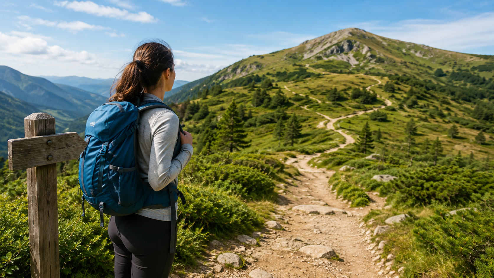 Beginner hiker planning a manageable hiking distance on a clear mountain trail with modest elevation gain.