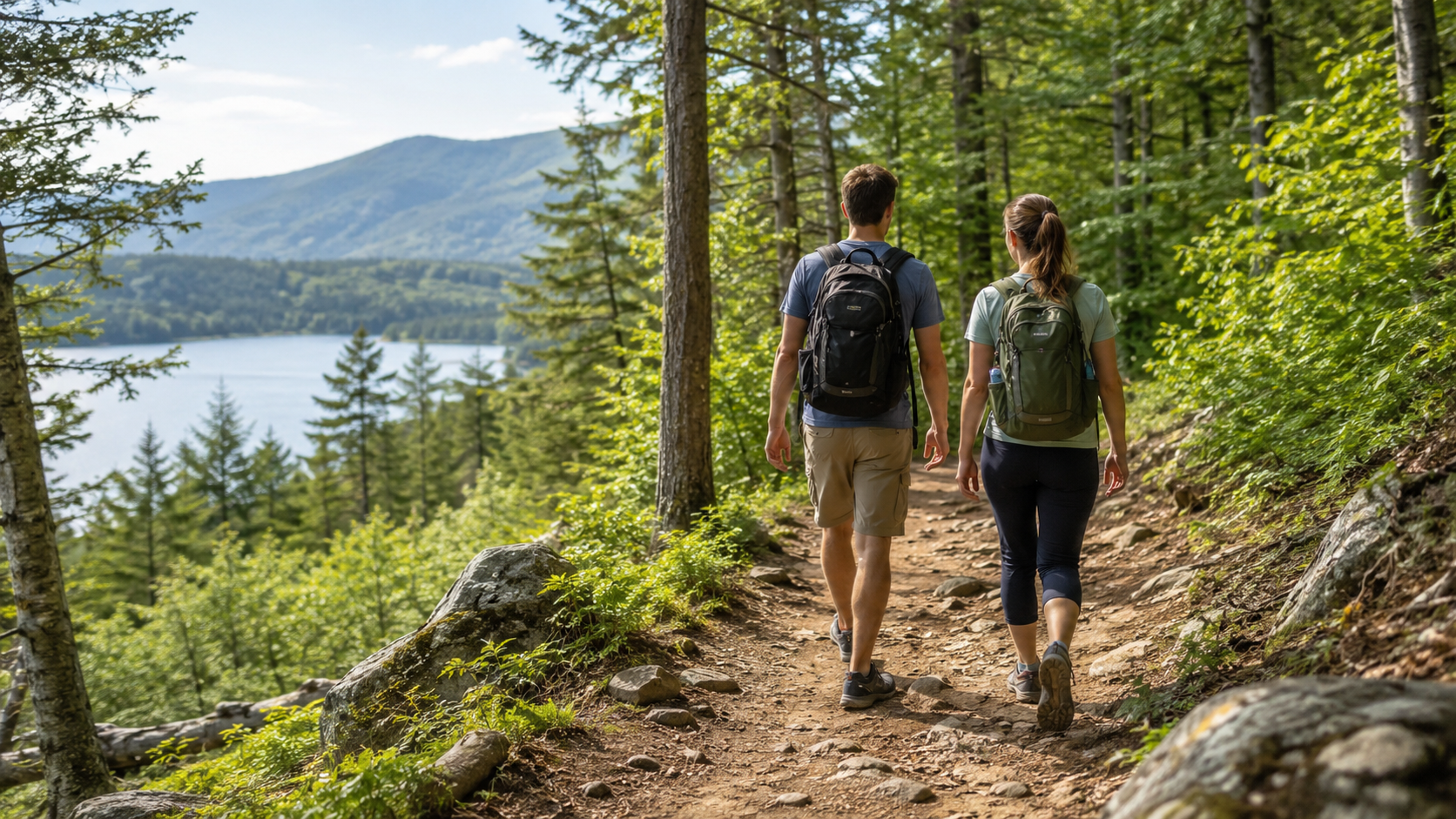 An image of hikers on a scenic forest trail