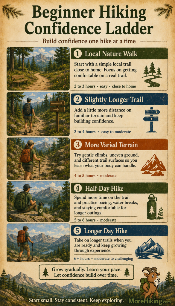 Beginner Hiking Confidence Ladder infographic showing five stages of hiking progress: local nature walk, slightly longer trail, more varied terrain, half-day hike, and longer day hike, with time ranges and tips for building hiking confidence gradually.