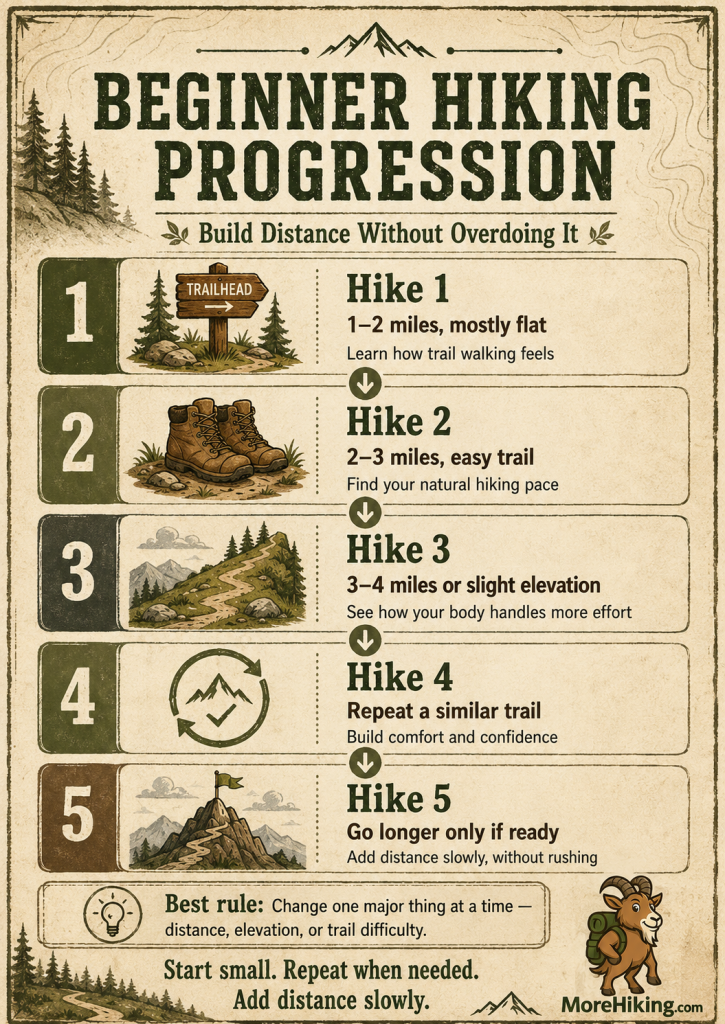 Infographic showing a five-step beginner hiking progression from 1–2 miles on a flat trail to longer hikes only when ready, with advice to change one major difficulty factor at a time.
