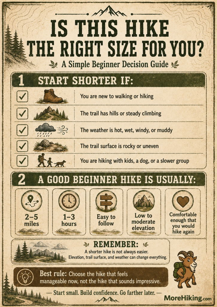 Infographic titled Is This Hike the Right Size for You, showing when beginners should start shorter and what usually makes a good beginner hike, including 2 to 5 miles, 1 to 3 hours, easy navigation, and low to moderate elevation. Great for determining how far should a beginner hike.
