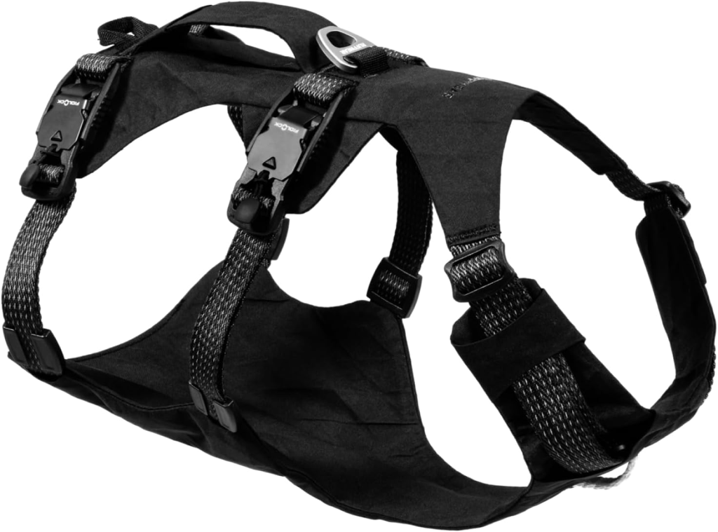 Image of the Ruffwear, Ridgeline Dog Harness, XPAC RX30, Fidlock Magnetic Buckles, 3 Leash Points, Supportive Belly Panel, Reflective & Light Loop, Low-Profile Handle, Obsidian Black