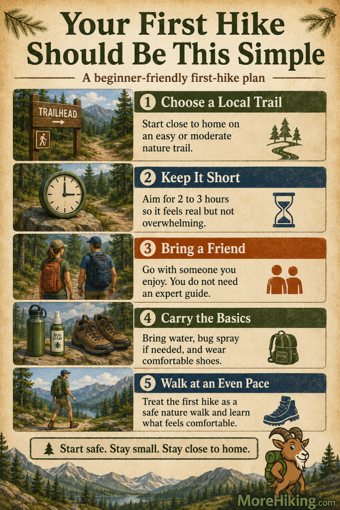 Beginner hiking infographic showing five simple first-hike steps: choose a local trail, keep the hike short, bring a friend, carry basic gear, and walk at an even pace. This is to answer the question How Do I Start Hiking as a Complete Beginner?