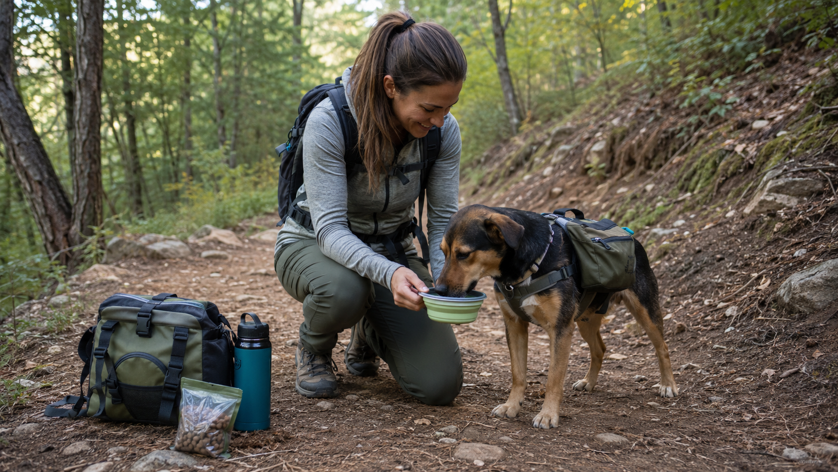 Hiker giving water to a dog from a collapsible bowl during a backpacking break on a forest trail.