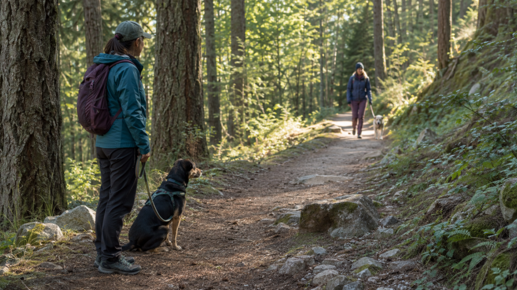 Handler creating distance with a leashed dog while another dog-and-handler team passes on a forest trail