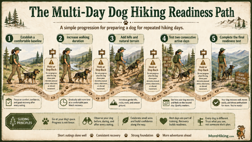 Infographic showing a five-stage dog hiking readiness path: establish a baseline, increase duration, add hills and natural terrain, test consecutive active days, and complete a final readiness test.