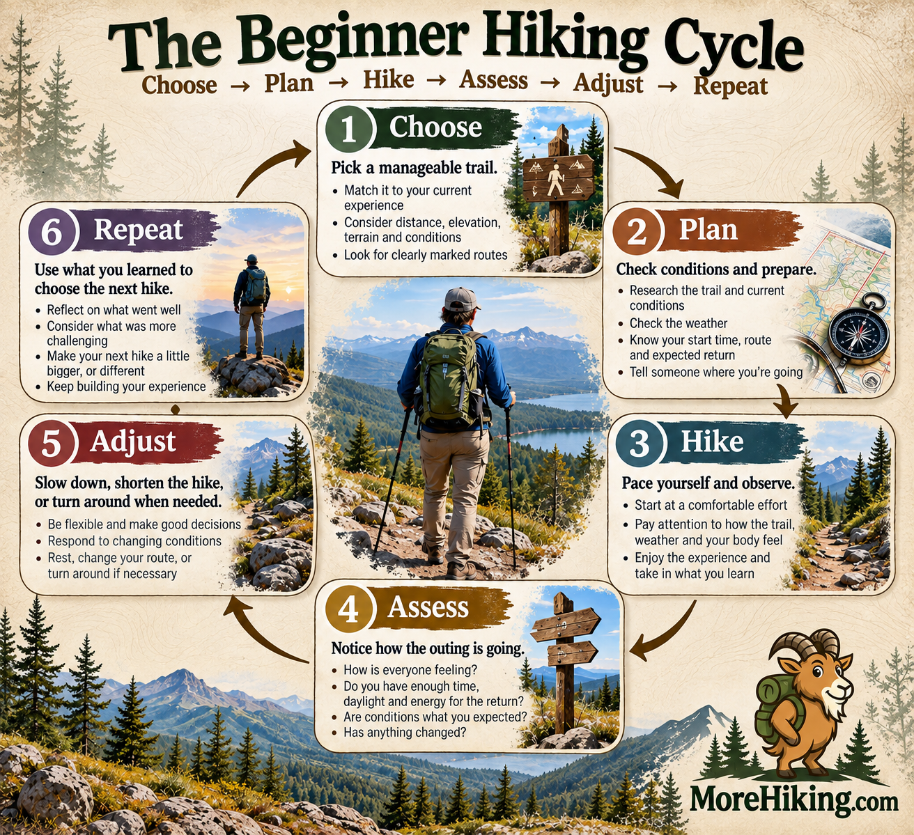 Beginner Hiking Cycle infographic showing six steps: choose, plan, hike, assess, adjust, and repeat.