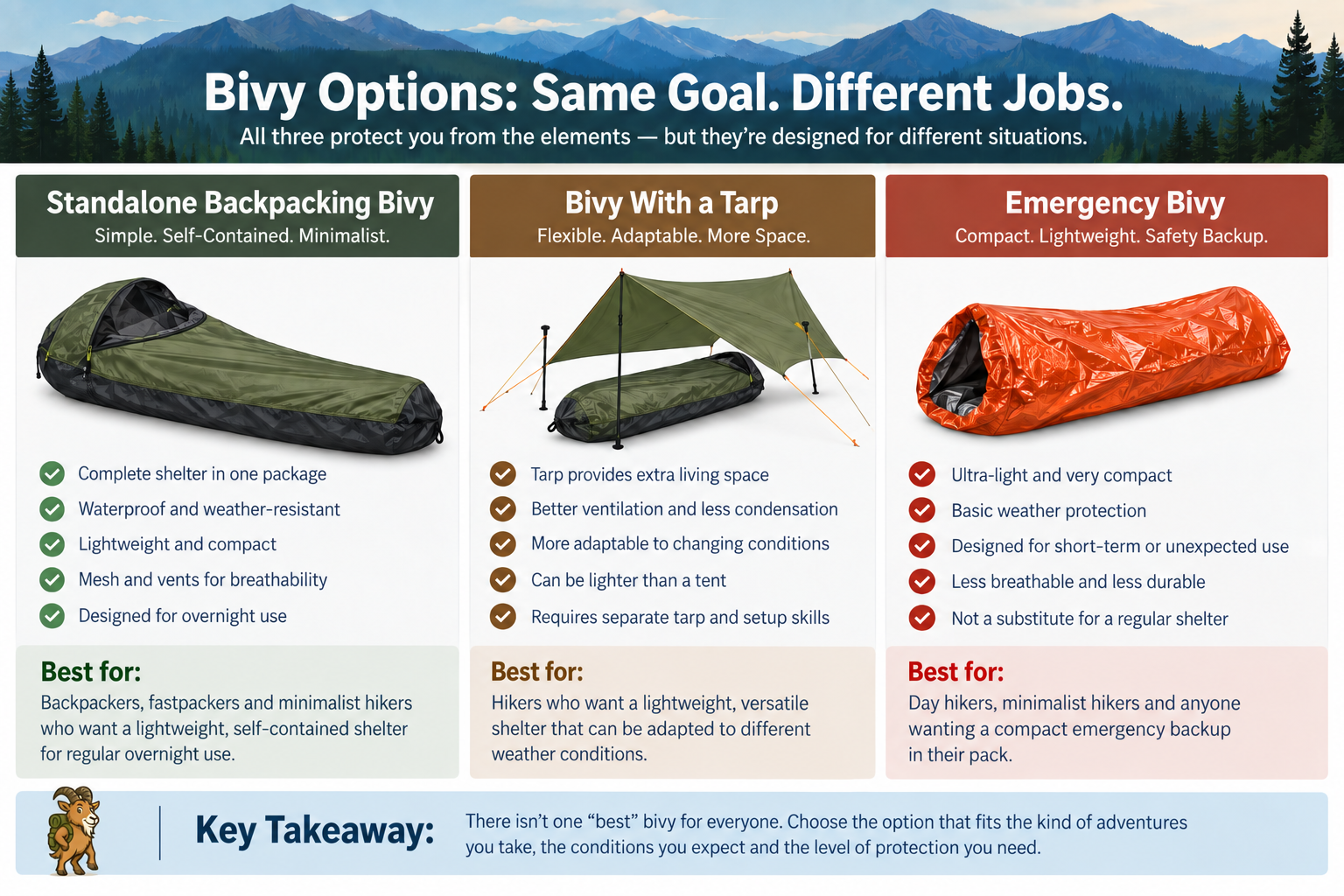 Comparison infographic showing three bivy types: a standalone backpacking bivy, a bivy used with a tarp and an emergency bivy, with key differences, best uses and a takeaway about choosing the right option for the job.