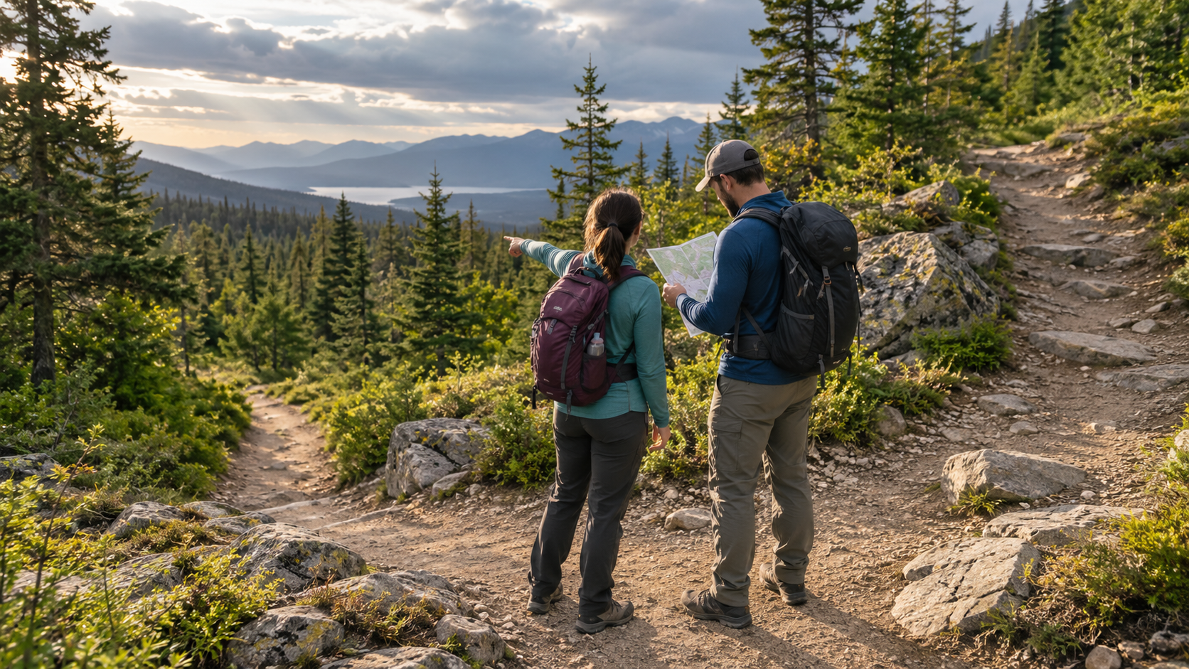 Two day hikers check a trail map and choose the return route at a mountain trail junction.