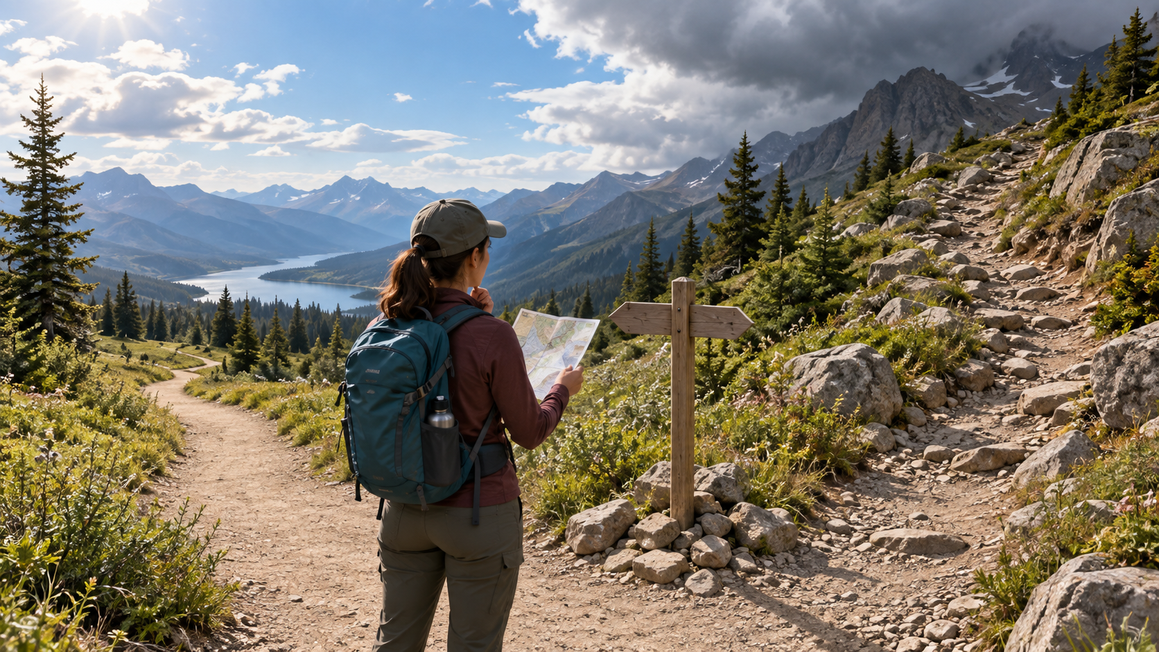 Hiker studying a trail map at a mountain trail junction, with an easy path on one side and a steeper rocky route under darker clouds on the other.