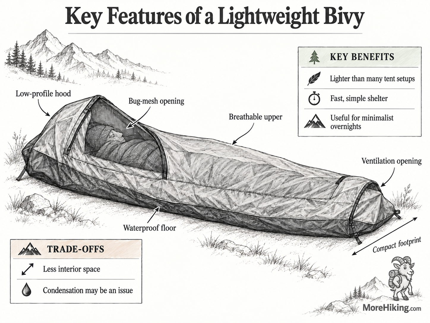 Illustration of a lightweight hiking bivy showing key features such as a low-profile hood, bug-mesh opening, breathable upper, waterproof floor, ventilation opening and compact footprint, with notes on benefits and trade-offs.
