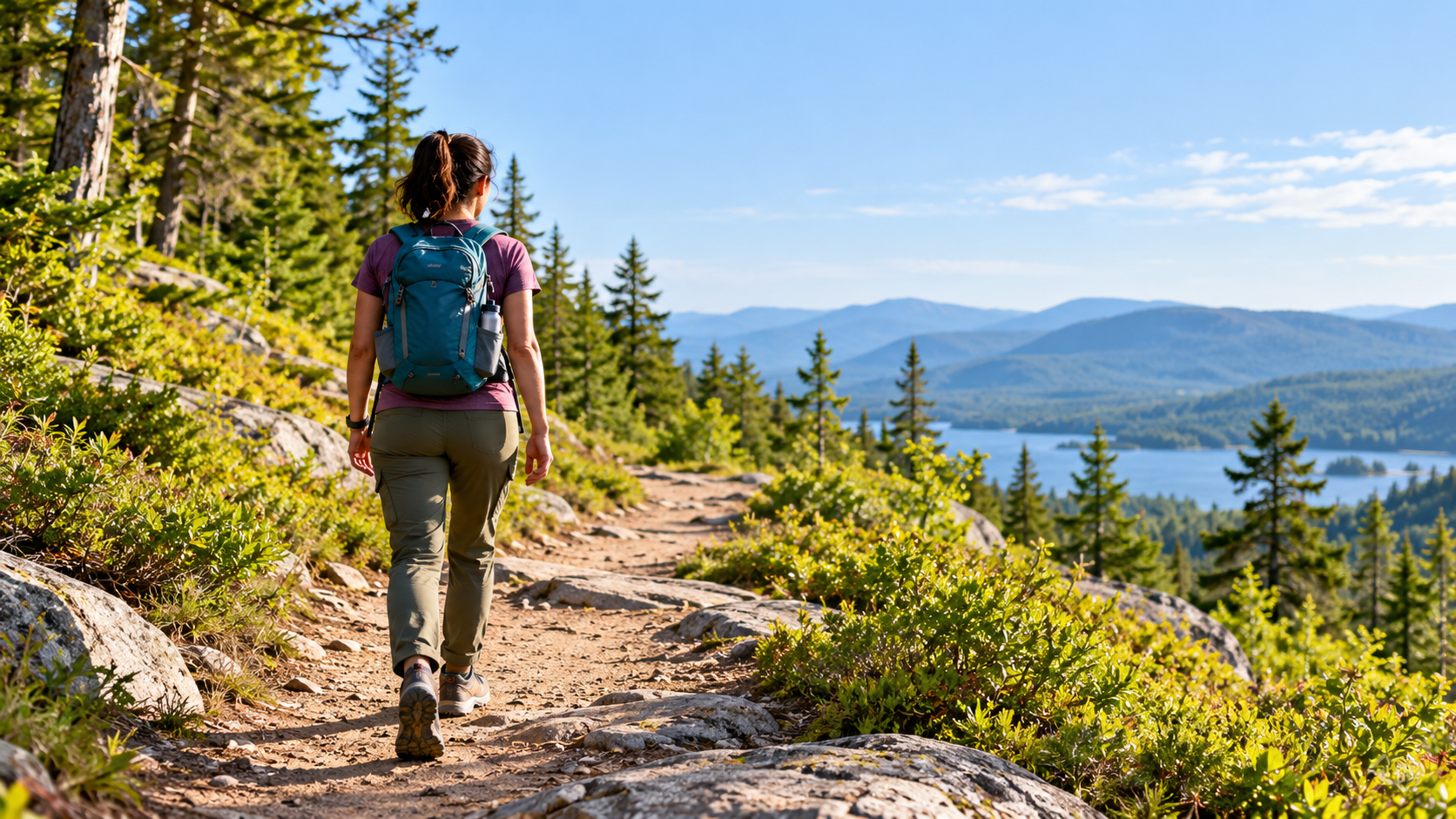 Beginner hiker on a marked trail building toward longer day hikes